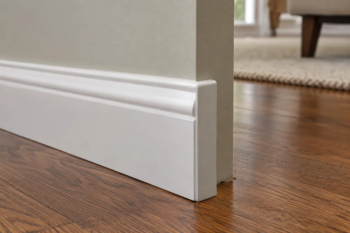 Profiled white baseboard with a capped exposed end