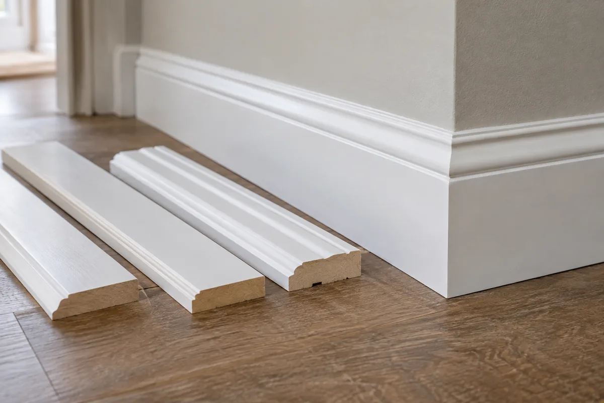Loose trim samples beside a finished floor and baseboard