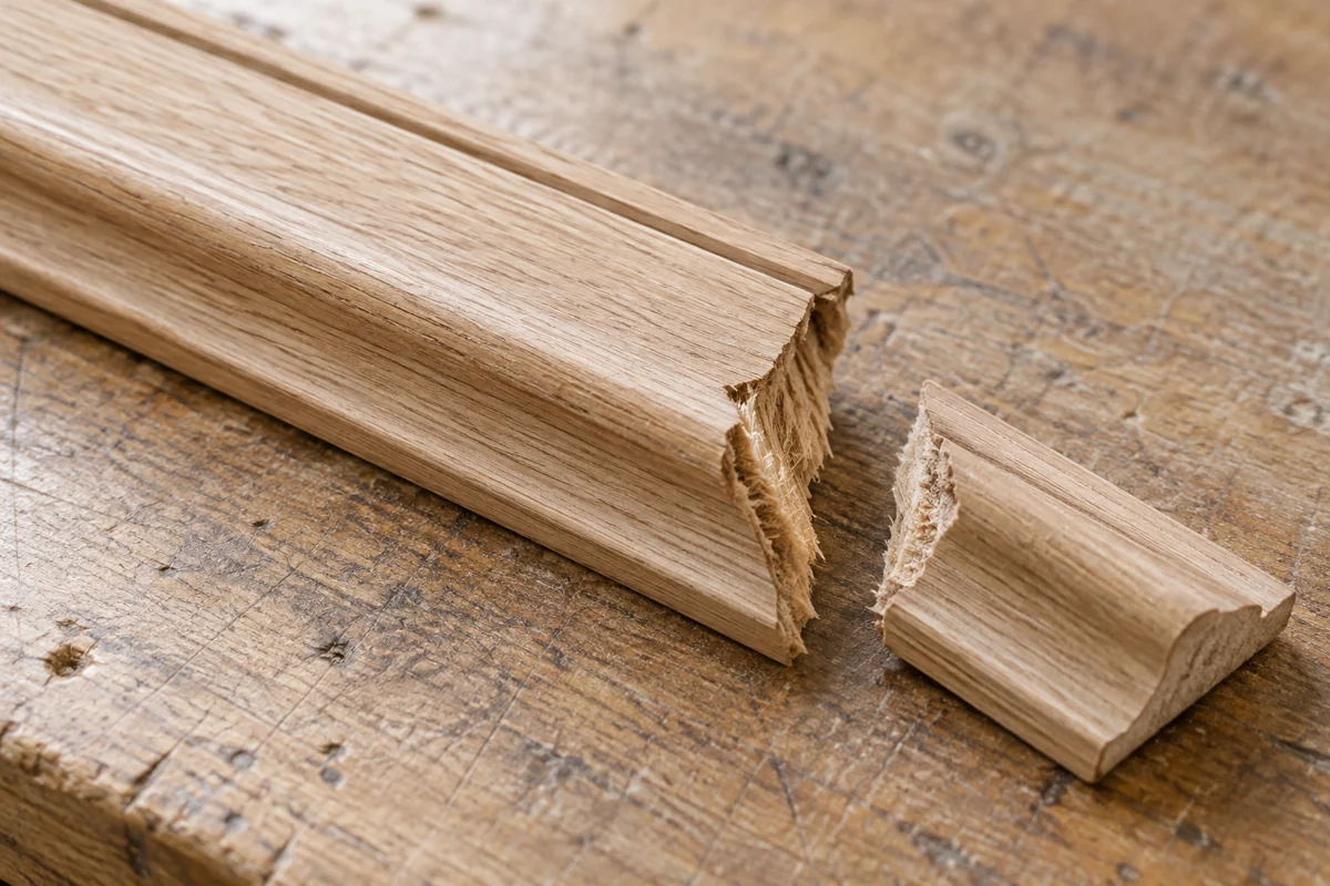 Split end of wood molding sample on bench