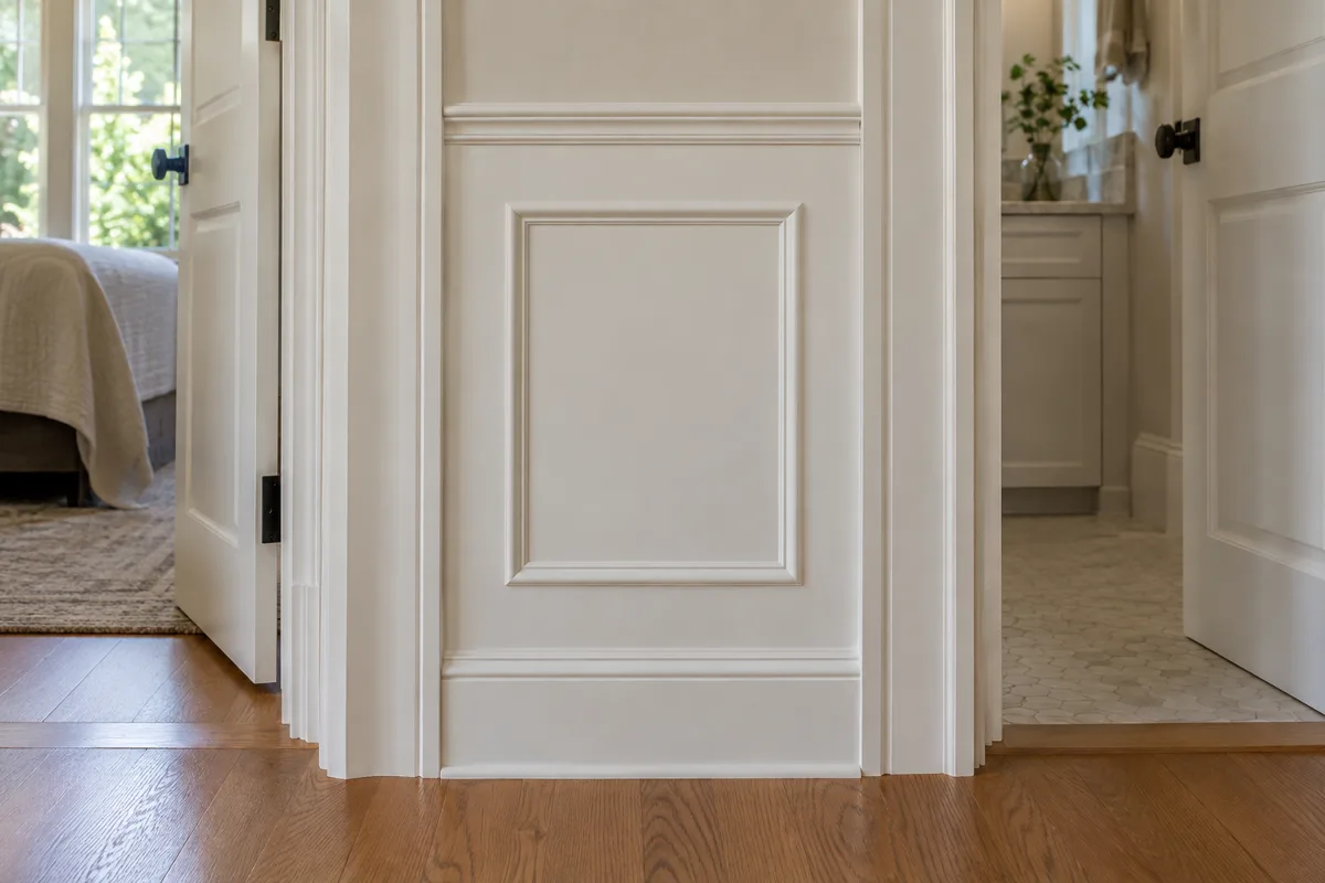 A narrow paneled wall between two white door casings