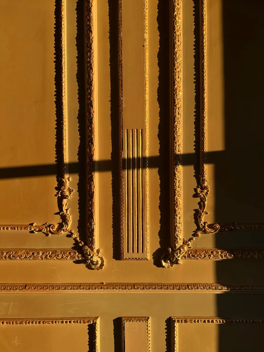 Warm sunlight highlighting raised molding and its shadows