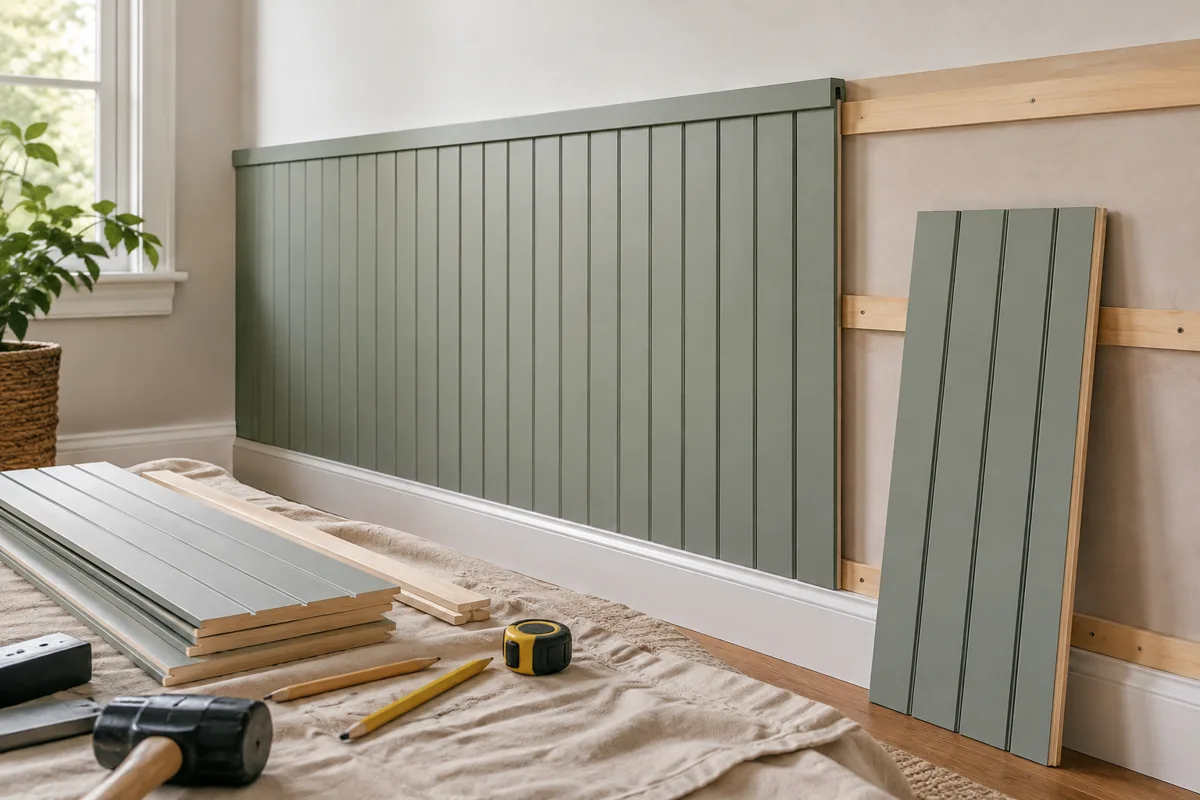 Detached painted wall panel beside exposed mounting battens